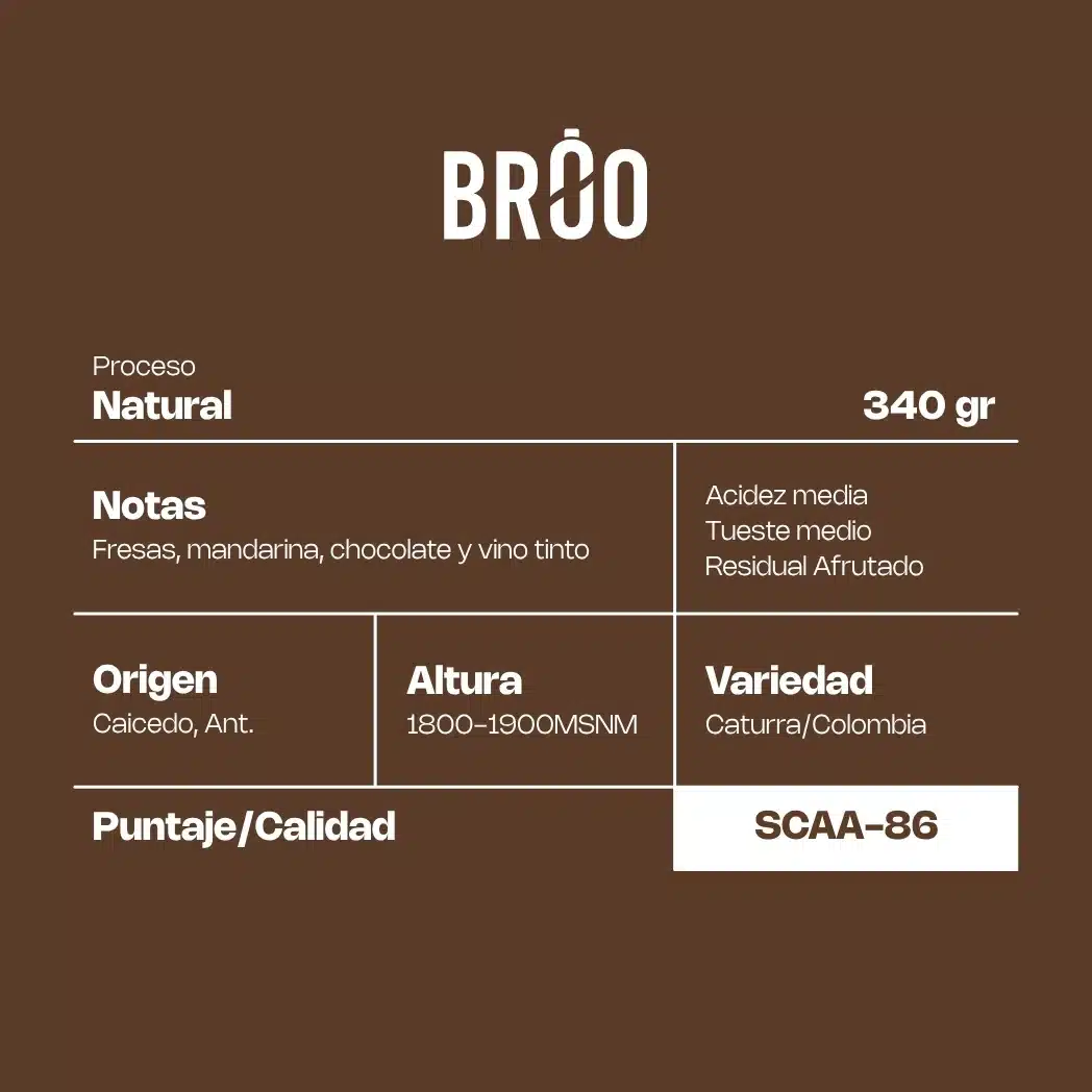 Café de especialidad Broo Premium natural, 340g, café colombiano Caturra, notas a fresa y mandarina, tueste medio.