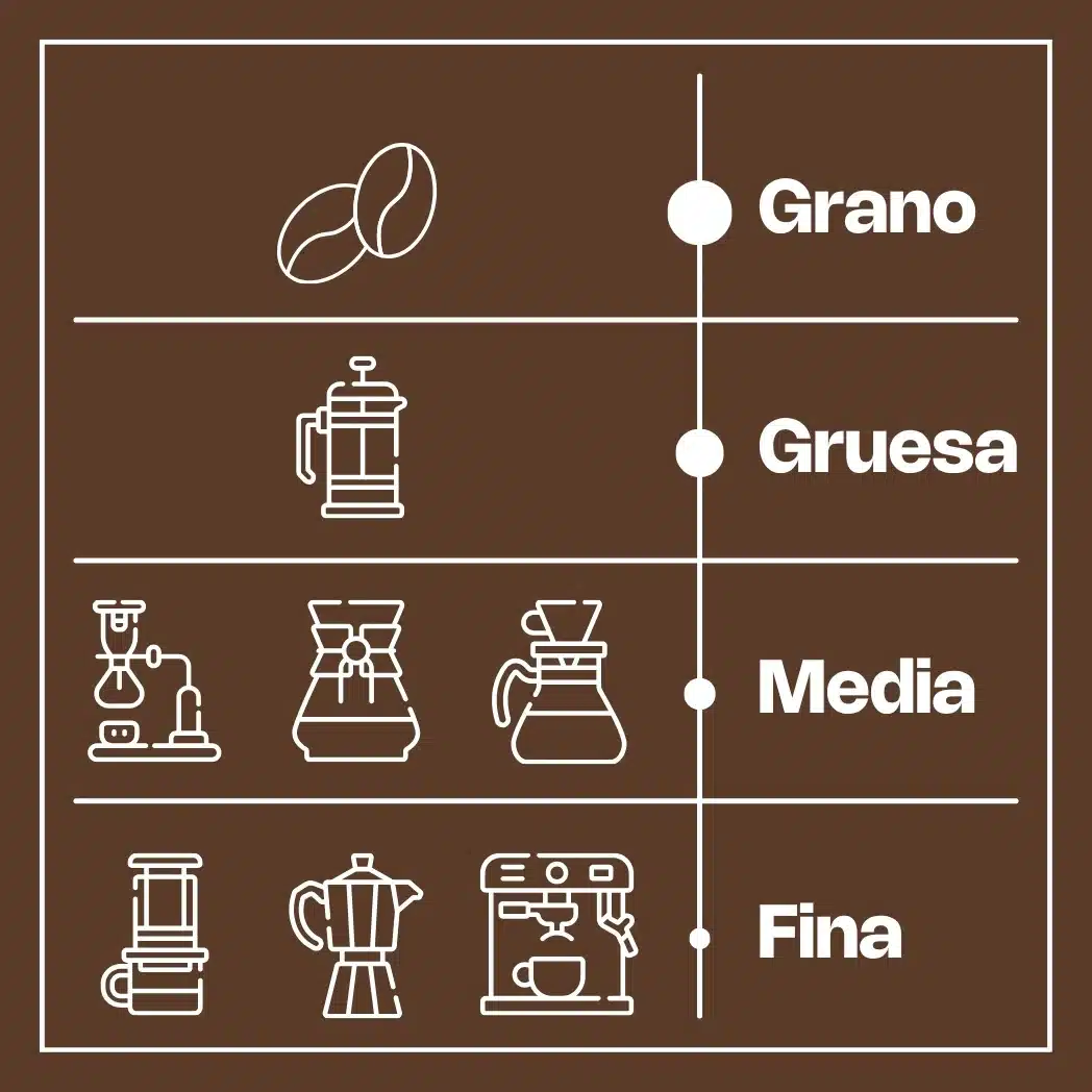 Tabla de tamaños de molienda para café de especialidad Broo: grano entero, gruesa, media y fina; ideal Café Premium natural.