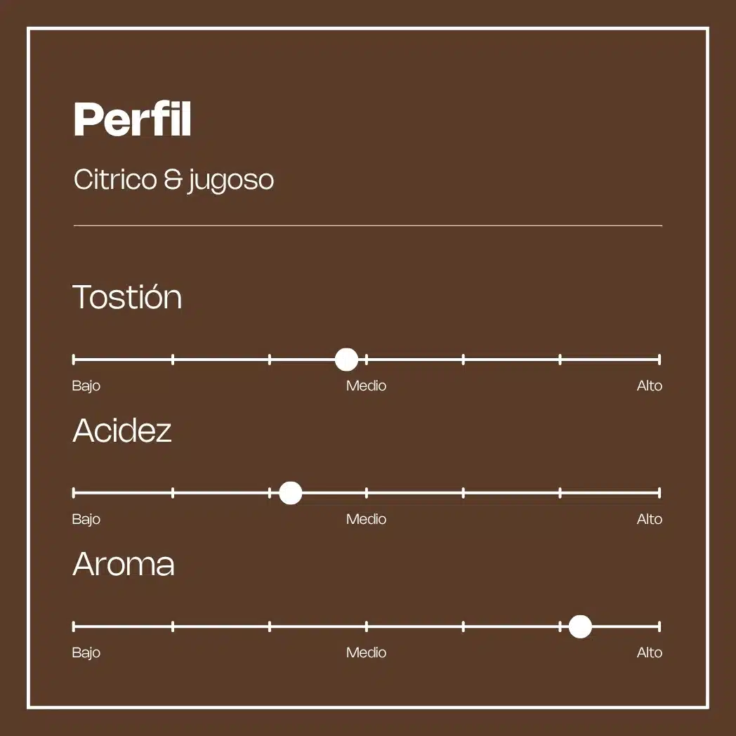 Café de especialidad colombiano Broo, proceso natural, tueste y acidez media, aroma alto, notas cítricas y jugosas.