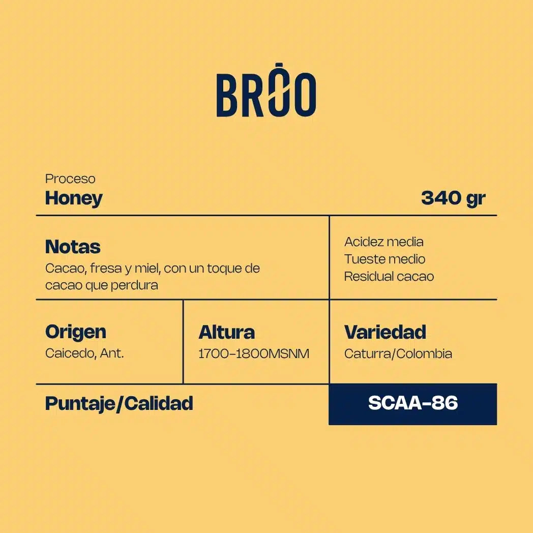 Café de especialidad Broo Caturra 340g, proceso miel, tostión media, empaque premium con notas de cacao y miel.