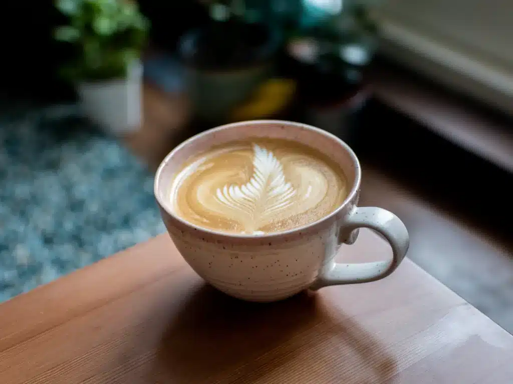 Taza de capuchino con espuma cremosa servida sobre un plato